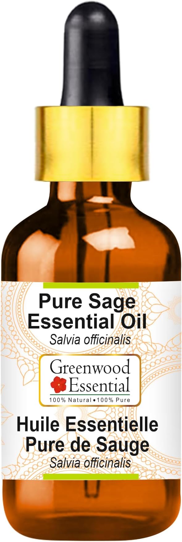 Greenwood Essential Pure Sage Essential Oil (Salvia officinalis) with Glass Dropper Steam Distilled 10ml (0.33 oz)