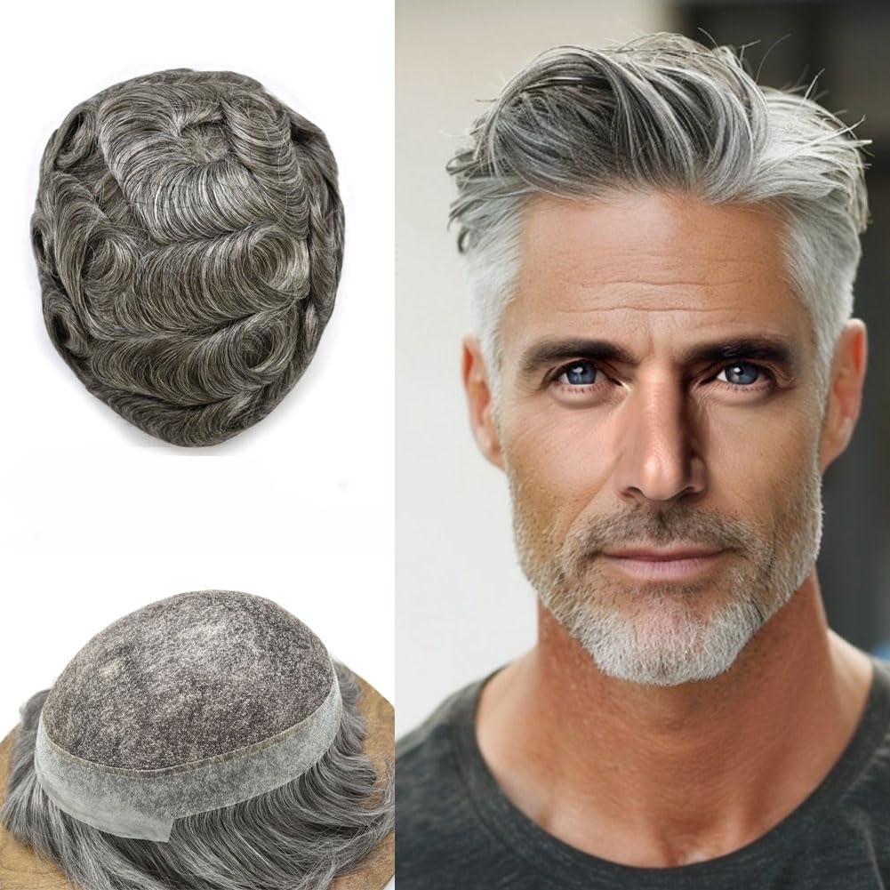 FACE MIRACLE Lace Front Mens Toupee Human Hair System Swiss Lace Center Toupee for Men Thin Skin PU Around Hair Replacement System V-Looped Mens Hair Wig Units 6"X9" 1B# OFF BLACK