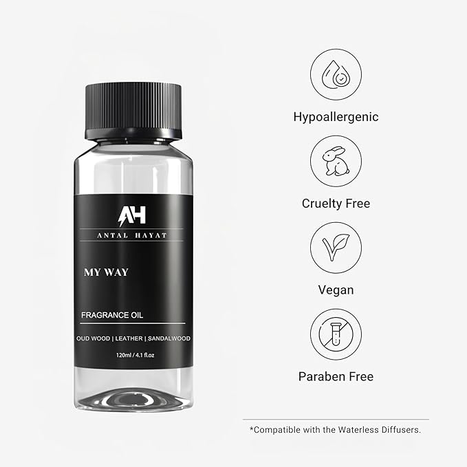 Antal Hayat Diffuser Oil - My Way Diffuser Oil 120ml - Hotel Scent Inspired by 1 Hotel Miami Beach - Luxury Home Fragrance Blend with Lush Sandalwood, Leather & Beautiful Iris - Home Luxury Scent