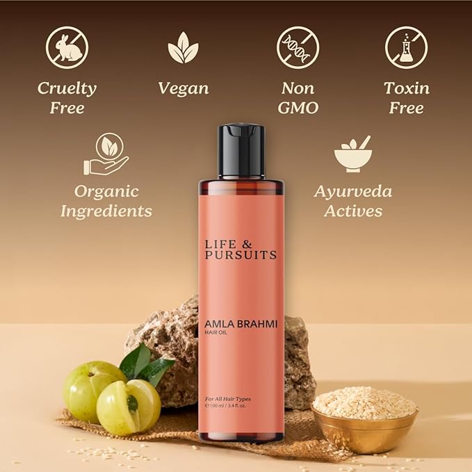 Life & Pursuits Amla Brahmi Hair Oil 3.4 Oz, Ayurvedic Oil for Hair Growth Support, Hair Fall Due to Breakage, Weak Roots, Dry Frizzy Hair, Scalp Nourishment & Shine, Natural Hair Oil for Men & Women
