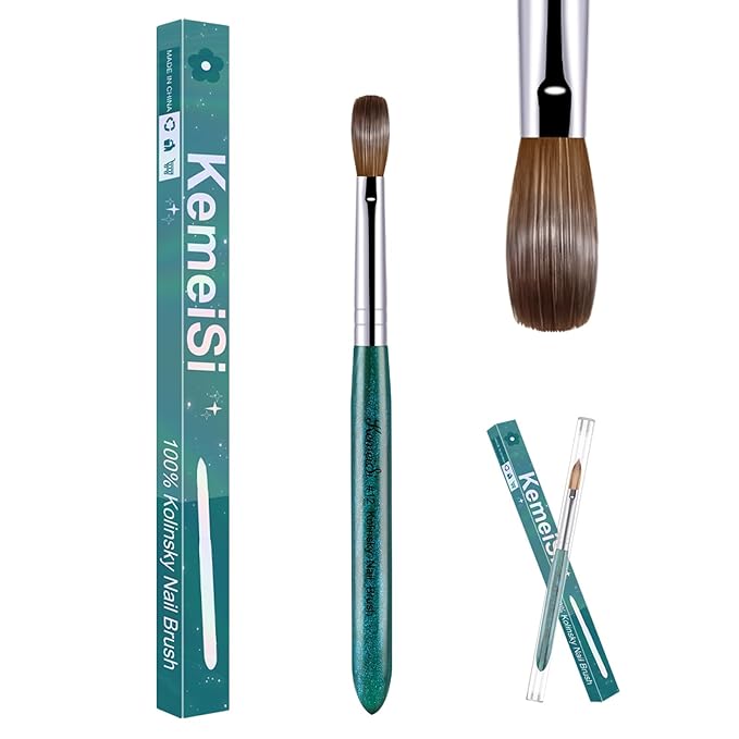 KEMEISI Acrylic Nail Brush Size #12, 100% Pure Kolinsky Nail Art Brushes for Acrylic Application, Sturdy Starry Handle Oval Shaped Nail Design Tools for Professional Manicure DIY, Green