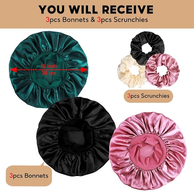 3+3 Large Satin Bonnets with Scrunchies for Women, Wide Band Hair Bonnet for Sleeping Braids Curly Hair, B