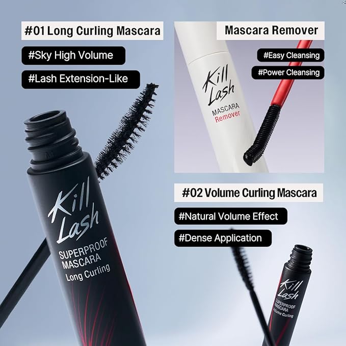 CLIO Kill Lash Superproof Mascara Holiday Gift Set, Waterproof Lash with Long Curling, Volume Curling Mini and Remover, Smudge-Resistant Long Wear, Safe for Sensitive Eyes (001 + 002 Mini + Remover)