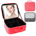 SUILU Travel Makeup Bag with LED Mirror and Light Makeup Travel Bag Organizer Portable Cosmetic Brush Organizer Bag with Adjustable Dividers for Cosmetics Makeup Brushes Toiletry (Light Red)