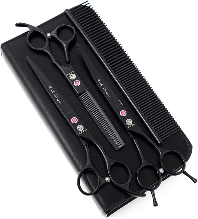 Purple Dragon 7" Dog Grooming Scissors Set with Rhinestone Accent - Black