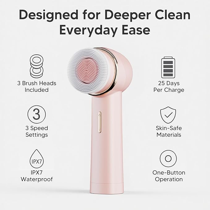 Electric Facial Cleansing Brush for Teen Girls, Rechargeable Waterproof Dual Rotating Face Scrubber with 3 Interchangeable Heads, Soft Silicone Face Brush, Pink