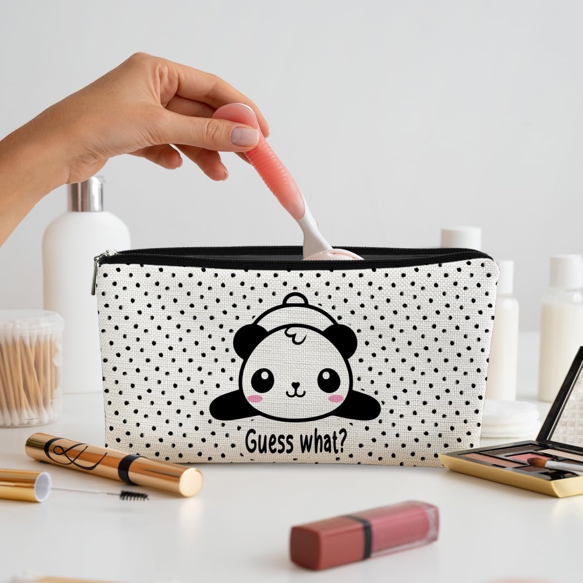 BARPERY Panda Gifts Dots Makeup Bag,Gifts for Panda Lover Wonmen Girls,Cute Baby Panda Guess What It's Pug Butt Cosmetic Bag,Makeup Case for Teen Girls Daughter,Panda Accessories,Canvas Zipper Pouch