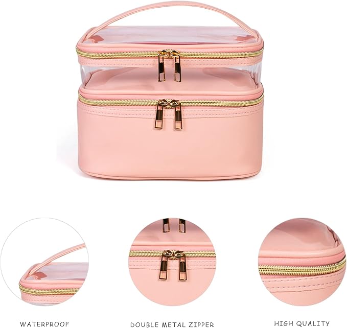 imerelez Pink Makeup Bag, Leather Double Layer Makeup Bag,Travel Accessories Toiletry Bag for Women,Travel Essentials Cosmetic Bag