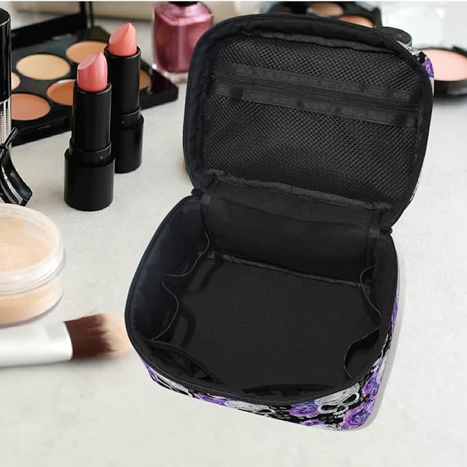 MNSRUU Skull Makeup Bag Purple, Flowers and Skull Gothic Makeup Organizer Bags Toiletry Bag Box Travel Cosmetic Bag Make Up Train Case for Women Teen Girl Ladies