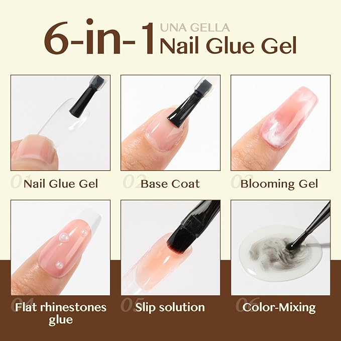 UNA GELLA 6 in 1 Gel Nail Glue for Clear Acrylic Nails Tips, 2Pcs 15ml Super Strong Brush U V Nail Glue Long Lasting Lamp Curing Required for Fake Nails Tips