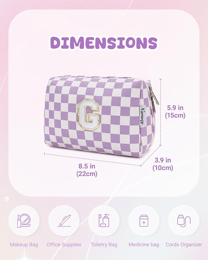 Narwey Birthday Gifts for Women Teen Girls Kids Personalized Initial Makeup Bag Monogram Preppy Cosmetic Bag Trendy Stuff 6 8 10 11 12 13 14 16 18 Years Old Travel Toiletry Bag (Purple G)