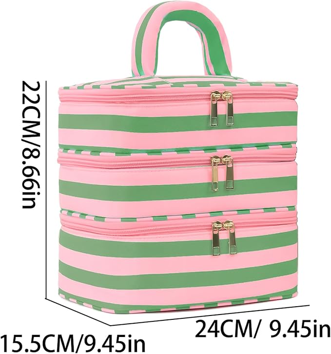 Apxouans Three Layer Makeup Bag for Women Fashion Stripes Cosmetic Bag Preppy Style Travel Water-Resistant Toiletry Bag for Storage Toiletries Cosmetics Sets for Women Teen Girls Green