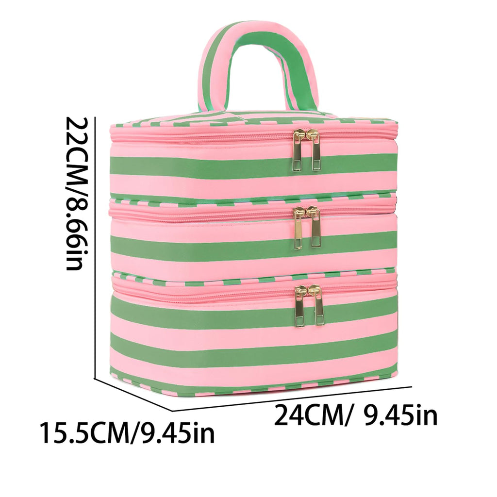 Apxouans Three Layer Makeup Bag for Women Fashion Stripes Cosmetic Bag Preppy Style Travel Water-Resistant Toiletry Bag for Storage Toiletries Cosmetics Sets for Women Teen Girls Green