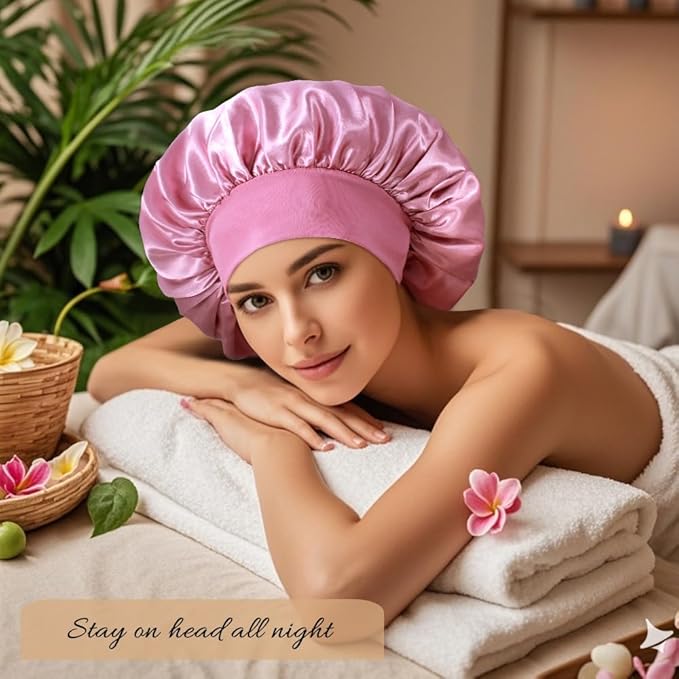 3+3 Large Satin Bonnets with Scrunchies for Women, Wide Band Hair Bonnet for Sleeping Braids Curly Hair, B