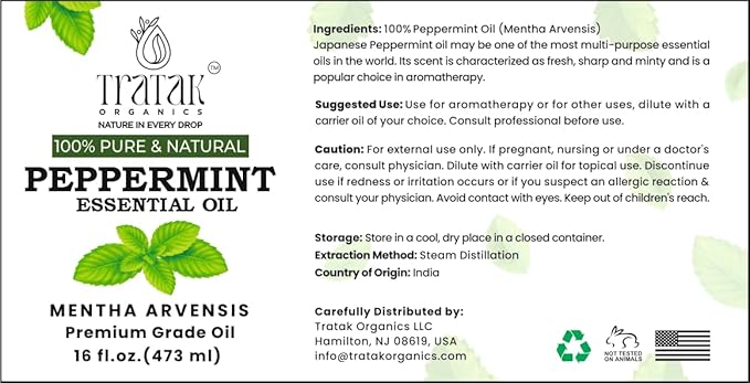 Tratak Organics 16 fl oz - Peppermint Essential Oil 100% Pure, Uncut and Natural, 16 fl oz - Peppermint Essential Oil for Aromatherapy, Diffuser, Hair Care, Skin Massage - with Dropper