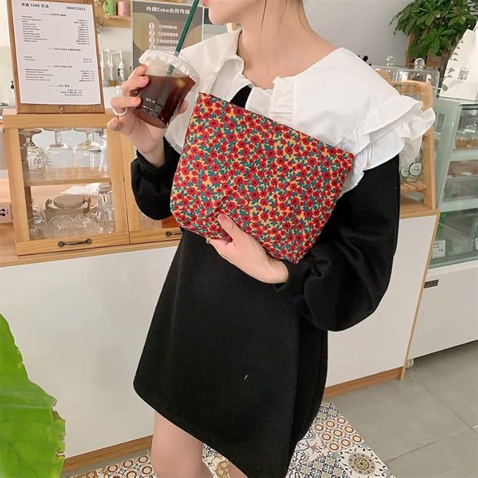 Flat Makeup Bag for Women,Zipper Cosmetic Pouch for Purse,Floral Red