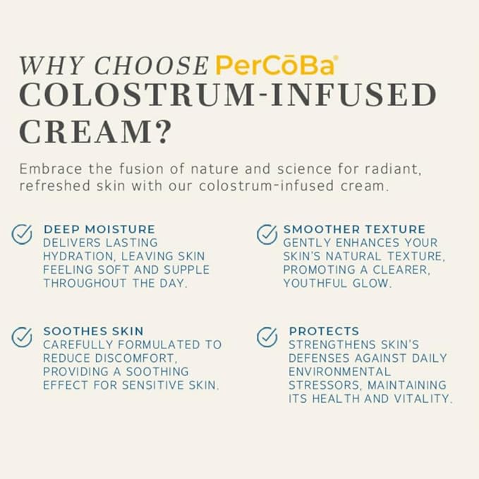 PerCōBa Colostrum Rejuvenating Cream - Anti-Aging Face, Neck & Hand Moisturizer with Vitamin A, E, and Jojoba - Non-Greasy Hydrating Cream for Radiant, Youthful Skin - 1.7 fl.oz.