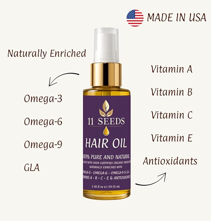 11 Seeds Organic Hair Oil for Frizz Control-Damaged Hair, Shine, Color Safe