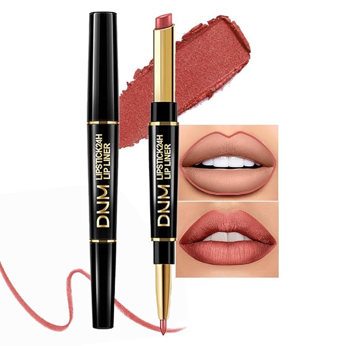 HHLTOH 2-in-1 Rose Gold Lip-Gloss Lip Liner & Lipstick Set Kit for Women, Matte Lips Kit with Lip Liner Lip Stains Long Lasting Waterproof 24 Hour Lipstick and Lip Liners Combo Lipliners Pencil Set 07