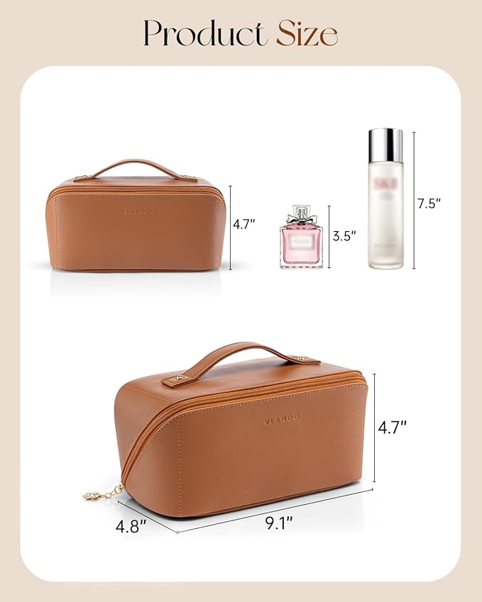 VLANDO Makeup Bag for Women with Open Flat Layout,Zipped TPU Pocket,Brown