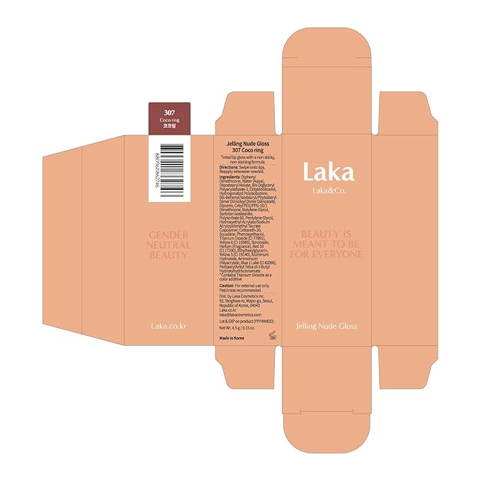 Laka Jelling Nude Gloss, 4.5g/0.15oz, Sheer Hydrating Lip Oil with No Stain, Non-Sticky, Nourishing Gloss for a Glowy Look, K-Beauty (#307 Cocoring)
