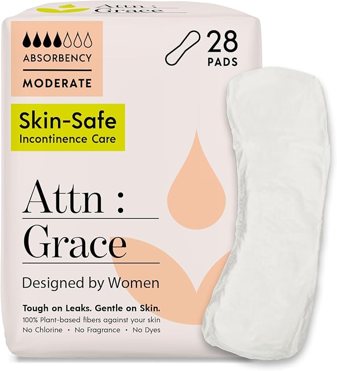 Attn: Grace Moderate Incontinence Pads for Women, 28-Pack - Plant-Based, High Absorbency, Breathable - Incontinence Pads for Moderate Bladder Leaks & Sensitive Skin