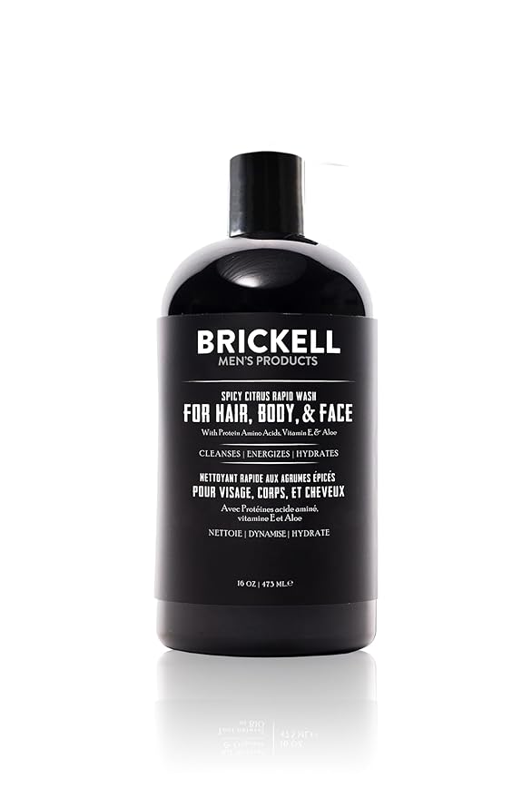 Brickell Men's Rapid Wash, 3 in 1 Body Wash Gel for Men, With Aloe, Vitamin E, and Jojoba Oil, 16 Ounce, Spicy Citrus Scent