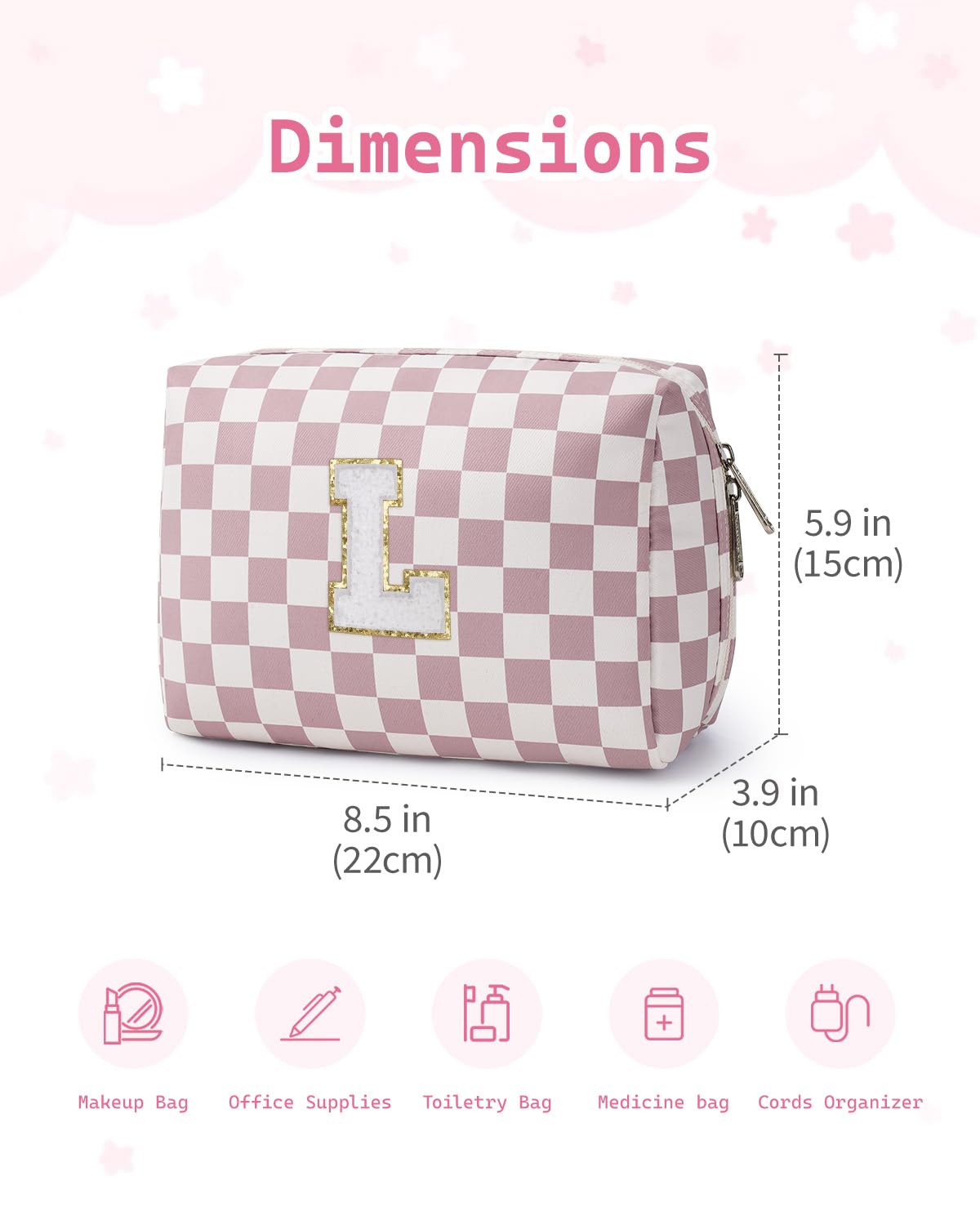 Narwey Birthday Gifts for Teen Girls Kids Women Personalized Initial Checkered Makeup Bag Pink Monogram Cosmetic Bag Trendy Stuff 6 8 10 11 12 13 14 16 18 Years Old Travel Toiletry Bag (Dusty Rose L)