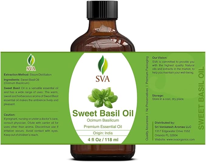 SVA Sweet Basil Essential Oil, Glass Bottle with Dropper, 4 Fl Oz (118 ml)