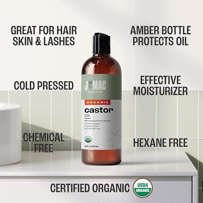 J MAC BOTANICALS Organic Castor Oil Cold Pressed in Amber BPA Free Plastic Bottle (32 oz) USDA Certified, Hexane Free - Moisturizing Oil for Hair, Skin, Face, Eyelashes, Brows, Nails, and Castor Wraps