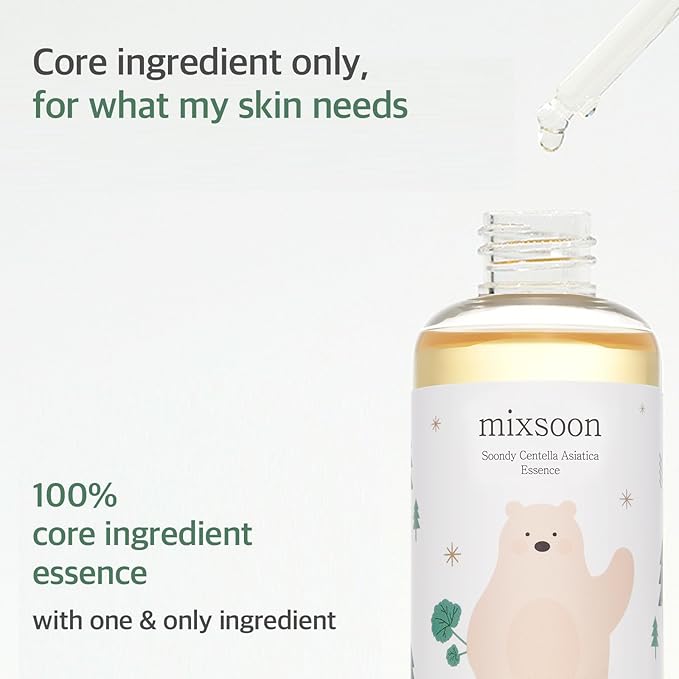 mixsoon Soondy Centella Asiatica Essence-Soothing, Calming and Hydrating for Face, Jeju Island Cica Extracts, Gentle Formula for Balanced, Healthy Skin 100ml / 3.38 fl.oz. Korean Glass Skin Care