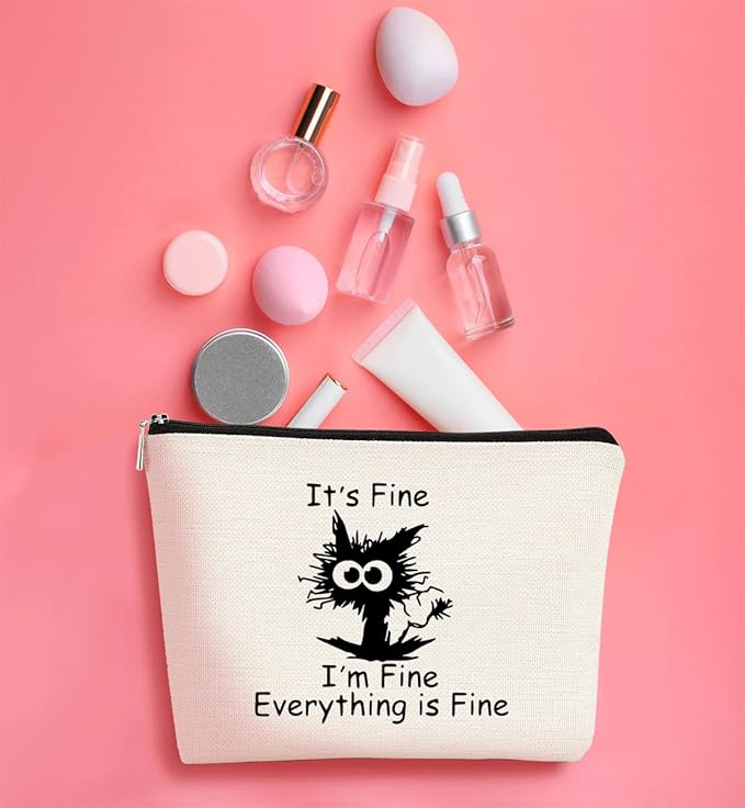 BARPERY Cat Makeup bag It's Fine Everything is Fine Inspirational Funny Cat Kitten,Cosmetic Bag Zipper Travel Toiletry Bag Best Gift Idea for Cat Lovers Teen Girls,Cat Owners Gifts,Birthday Gift