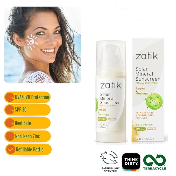 Zatik Naturals Solar Mineral Sunscreen with Argan and Moringa, for Face and Neck, Vegan, Non-GMO, pH Balanced, FREE from Gluten, Soy, Alcohol, 1.7 oz