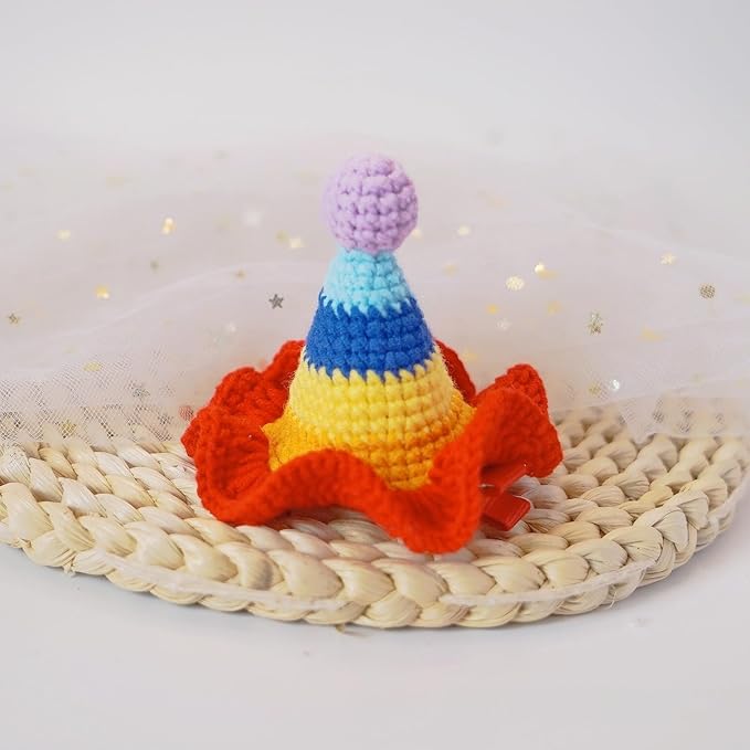 Crochet Knitting Hair Clip for Girls/Daughter/Pet, Gift for Her Birthday, Finished Handmade Wool Knitted Rainbow Hat