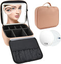 SLUMAZI Travel Makeup Bag with LED Mirror and 10x magnifying glass with 3 Lighted Settings, Adjustable Dividers and Makeup Brush Storage Bag Khaki