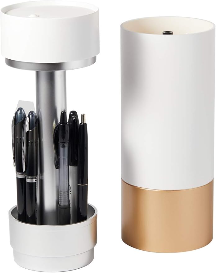 Brushean UVC Sanitizer with Ozone, Makeup Brush Holder, One Touch for Open, Dustproof Make Up Supplies Organized Storage, Stylish and Durable Design (Standard, White/Rose Gold)