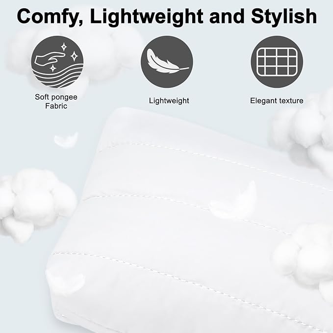 DOB SECHS Quilted Makeup Bag with Handle Detachable Cute Striped Puffy Cotton Cosmetic Bag for Women, Small Puffer Toiletry Zipper Make Up Pouch Clutch Bag Travel Organizer Storage Pouches Case, White
