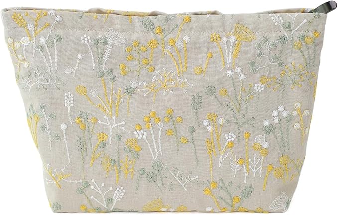 BBORGDC Floral Cotton Embroidered Makeup Bag - Large Capacity Cosmetic Pouch for Travel, Makeup Organizer & Toiletry Bag with Zipper, Perfect for Daily Use & Gifts
