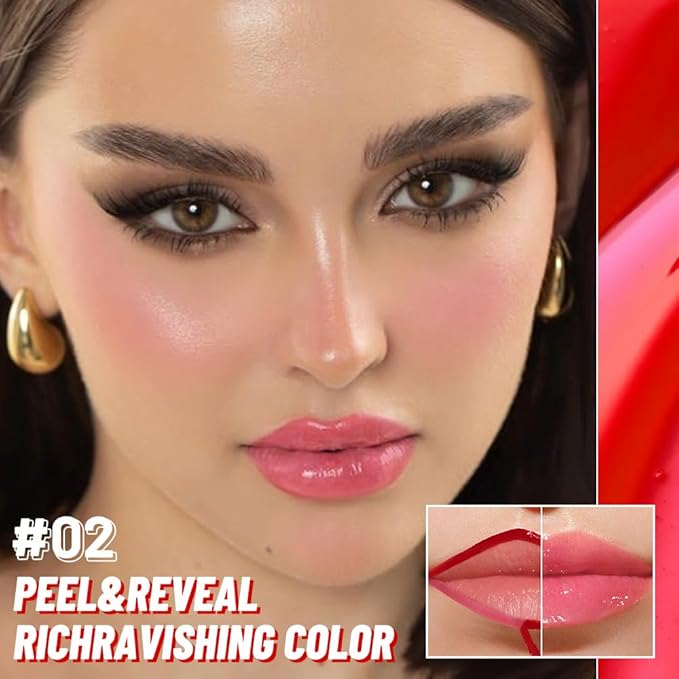 JUAAZIN Dewy Rose Lip Stain Peel Off Lip liner and Lip oil with Tweezer, Dual-Ended Peel Off Lip Stain Tattoo, Highly Pigmented Long Lasting Waterproof, Transfer-proof for All Skin Types, 02#