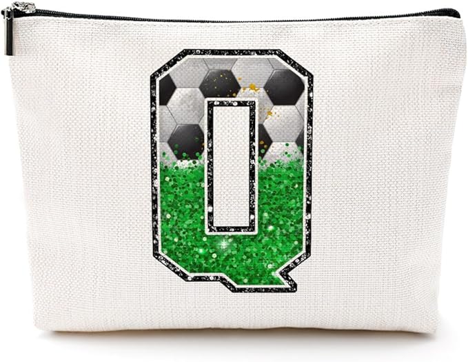 CQM Soccer Gifts Initial Makeup Bag Soccer Girl Gifts Cosmetic Bag Letter Q