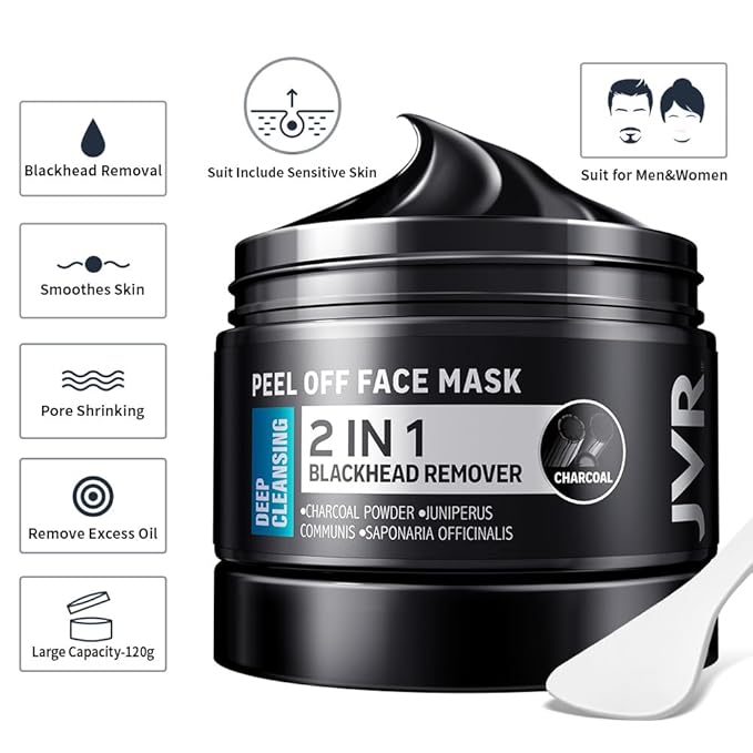 JVR Peel Off Face Mask, Charcoal Peel Off Black Mask, Facial Mask for Surface Cleansing For Men & Women, All Skin Types, 8.46 oz (240 g)