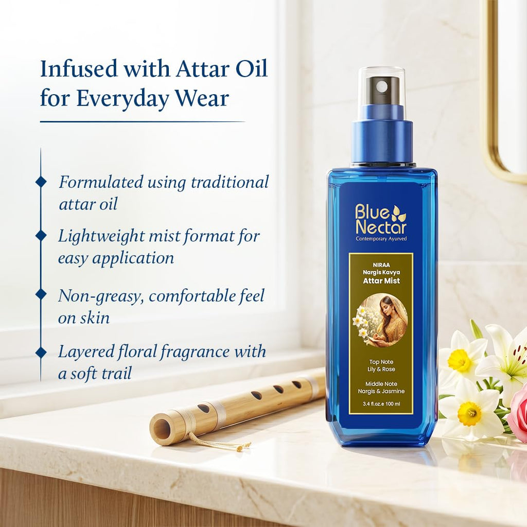 Blue Nectar Niraa Nargis Kavya Attar Mist | Perfume Mist for Women & Men | Long-Lasting Nargis Attar with Lily, Rose & Jasmine | Floral Body Mist Spray | Travel-Friendly (3.38 Fl Oz)