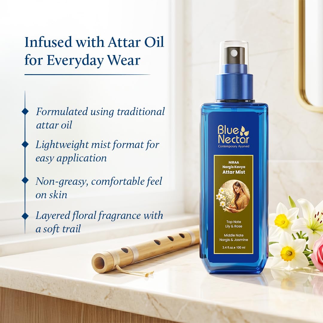 Blue Nectar Niraa Nargis Kavya Attar Mist | Perfume Mist for Women & Men | Long-Lasting Nargis Attar with Lily, Rose & Jasmine | Floral Body Mist Spray | Travel-Friendly (3.38 Fl Oz)