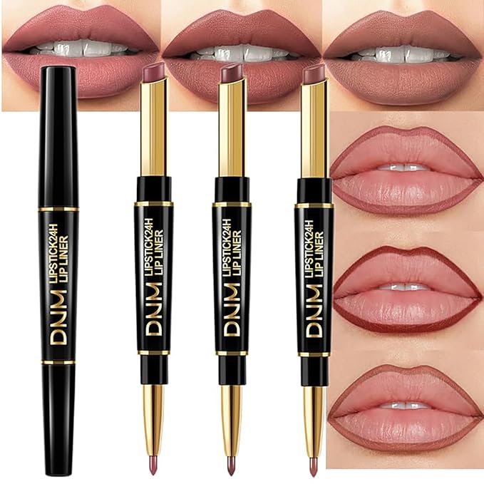 3Pcs Coral Pink, Milk Tea, Rose Mauve Lip Liner and Lipstick Set – Chestnut Nude Brown Double-Ended 2-in-1 Lip Liner and Matte Lipstick Combo, 24-Hour Wear Non-Drying, Lightweight, lapiz de labios