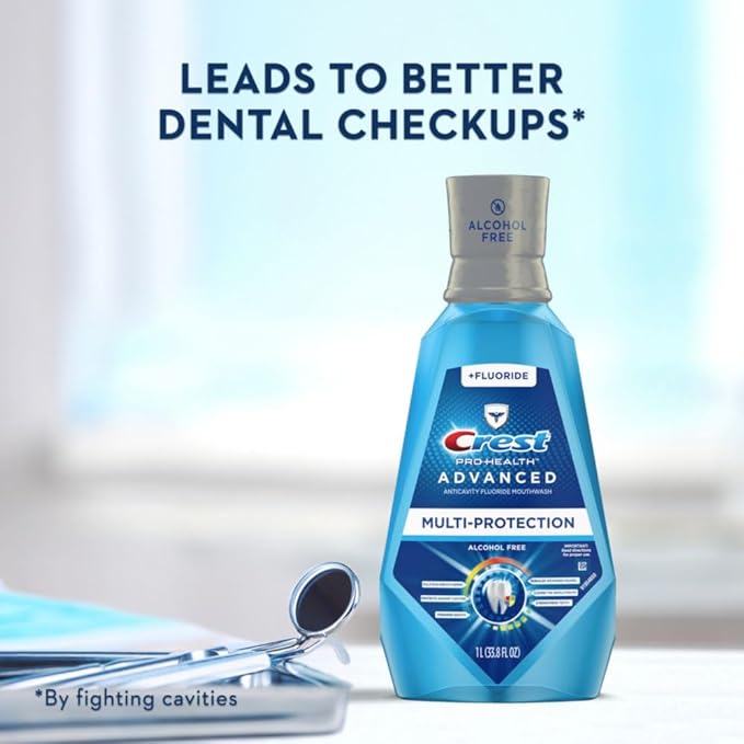 Crest Mouthwash Pro Health Multi-Protection, 1L, 2 Pack, 6-in-1 Benefits, Alcohol Free, Enamel Repair, Breath Freshener, Anti Cavity, Fluoride mouthwash, Bad Breath Treatment for Adults, Contains CPC