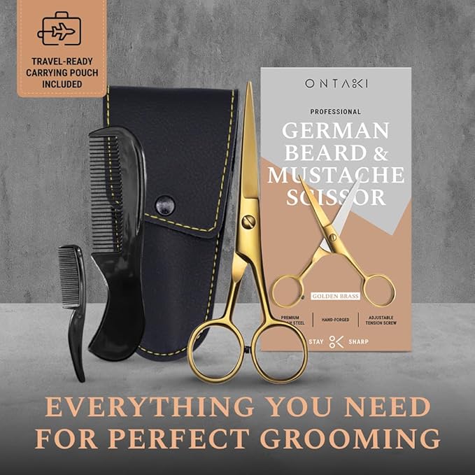 Ontaki 5" Beard & Mustache Scissor with Combs for Men - Gold Brass