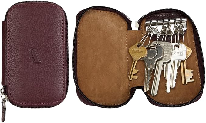 Adamis Full Grain Genuine Leather Keychain Holder Pouch, Key Case, Soft Strong and Compact Organizer and Wallet with Zip Closure for Extra Safety and 6 Key Holder Hooks in Wine