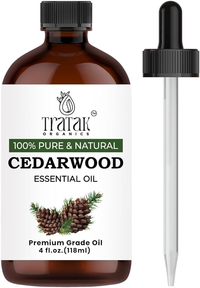 TRATAK ORGANICS Cedarwood Essential Oil for Hair Skin & Diffuser - 4 Fl Oz - 100% Natural Cedarwood Oil for Hair Aromatherapy Soap Making Scent, Massage and Humidifiers