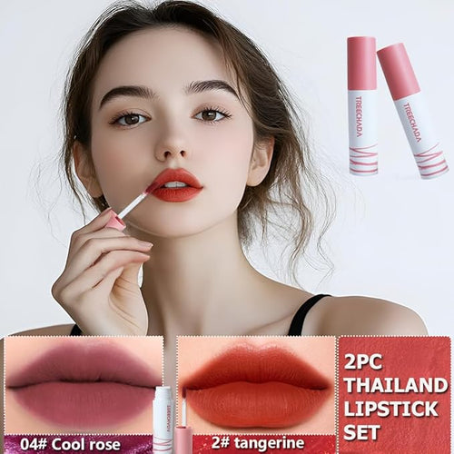 2pc Thailand Lipstick Set for Women, Lip Cream Long Lasting Waterproof with Velvet Matte & Soft Lightweight, Lip Mud Suitable for All Makeup Looks, Making You More Dazzling （Tangerine& Rose