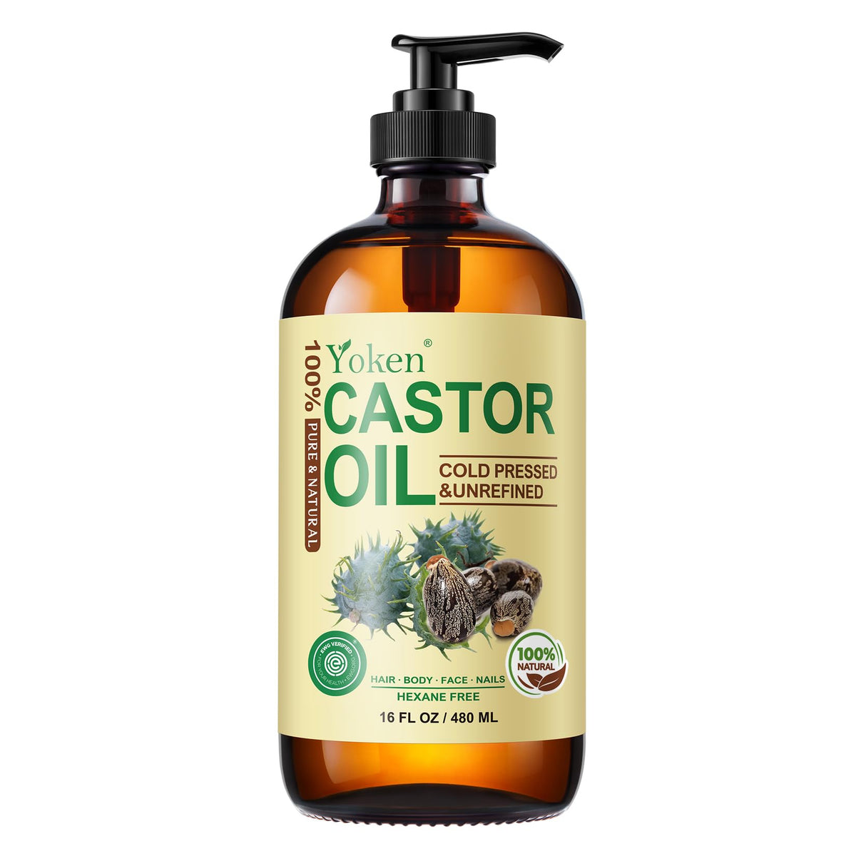 Yoken EWG Organic Castor Oil 32oz with Pump, Cold Pressed Hexane Free